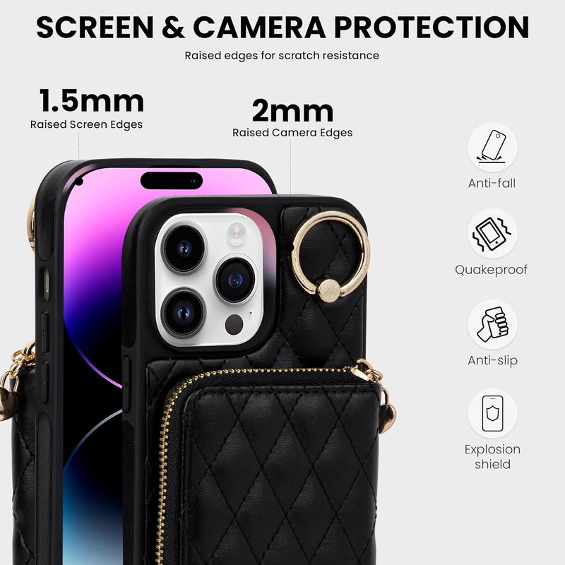 Keallce Case for iPhone 14 Pro Max 6.7'' Wallet Case, Crossbody Zipper Purse Handbag Wristlet for Women, RFID Blocking Card Holders, 360° Ring Kickstand Flip Leather Cover for iPhone 14 Pro Max, Black - Image 5